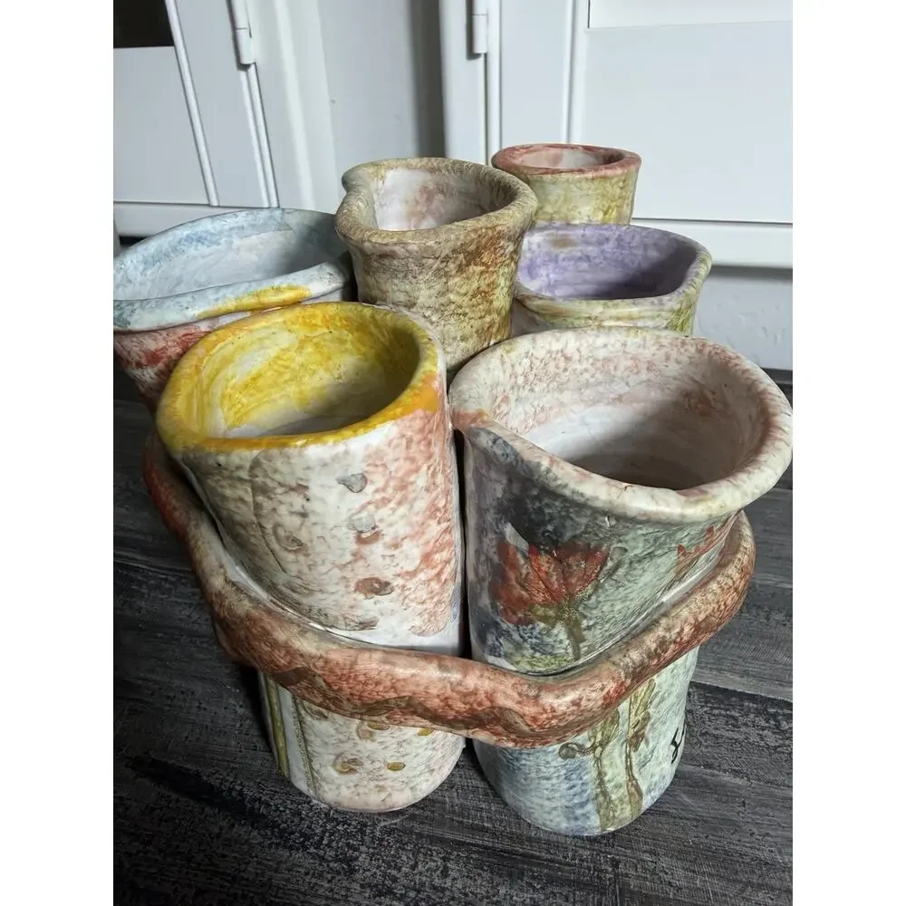 Handmade Studio Pottery Multi Vase Cluster Bud Vase Holder‎ Rustic Art Decor